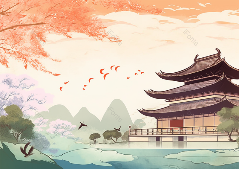 中国国潮国风新中式古风建筑门前的树木和飘落的树叶室外风景场景背景插画,插画/手绘图,插画/手绘图库,插画/手绘图下载,插画/手绘